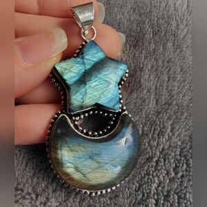 Moon and Star Blue Flash Labradorite Pendant